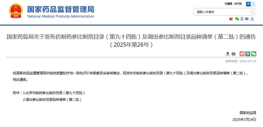 通告！第九十四批仿制药参比制剂目录及第二批调出参比制剂目录品种清单发布